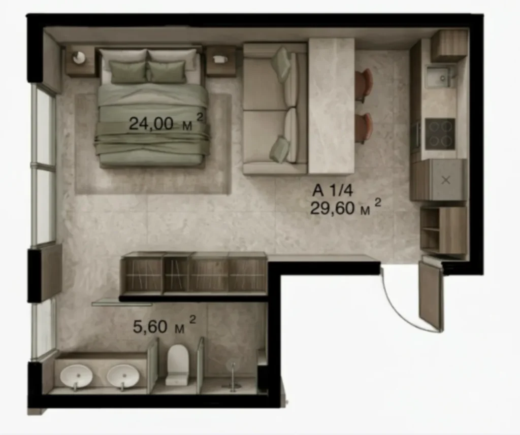 Apartamento Laconic de 1 dormitorio en Pererenan, de 29,6 m² en